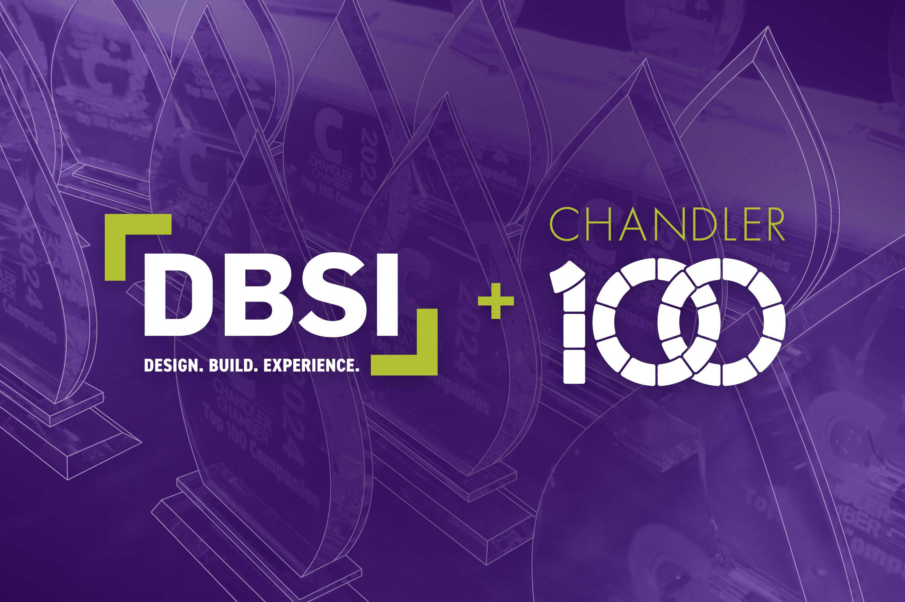 DBSI logo alongside the Chandler 100 logo over a purple background of Chandler 100 award trophies.
